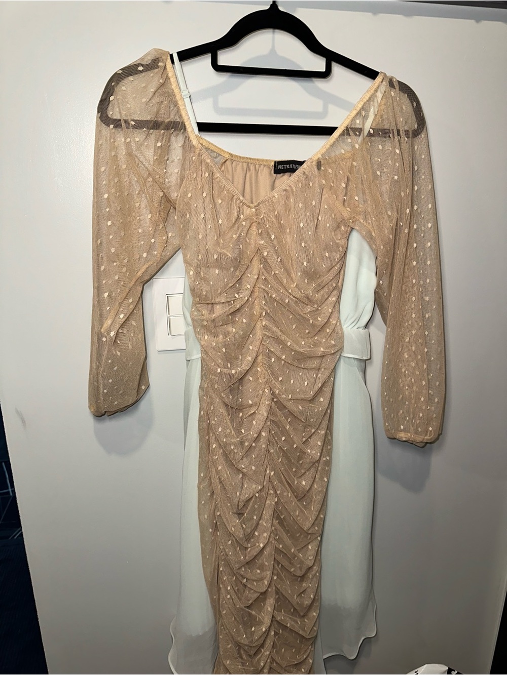 PrettyLittleThing Beige Sheer Polka Dot Long Sleeve Ruched Dress